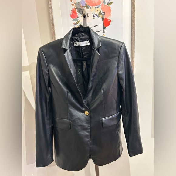 Zara Black Faux Leather Blazer Jacket - Picture 2 of 9